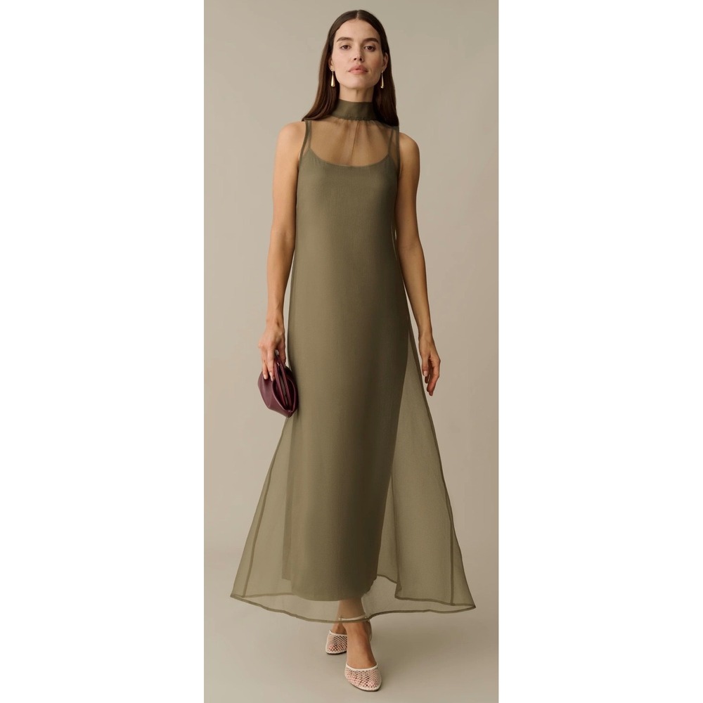 Few Moda CAARA Women XS Olive Gray Sheer Overlay Sleeveless Maxi Dress NWT